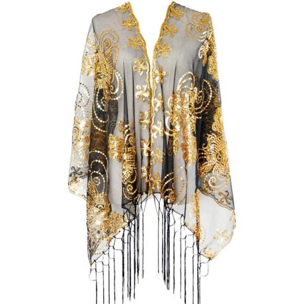 Women's Glittering 1920s Scarf Mesh Sequin Wedding Cape Fringed Evening